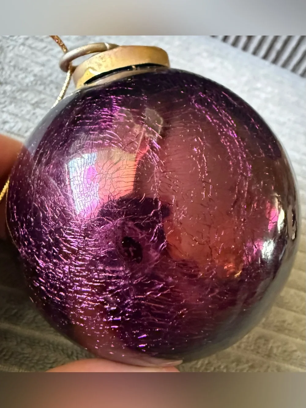 Vintage Purple Crackle Glass Holiday Ornament with Gold Cap Kugel Style